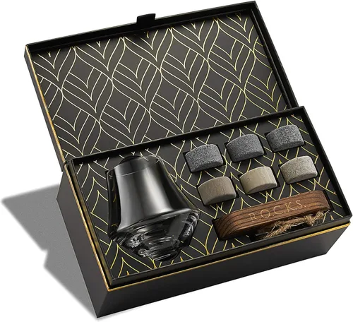 Rocks - Juego de regalo de piedras de whisky y cristal de alta calidad, 6 rocas redondas de granito hechas a mano, vaso para whisky, escocés,