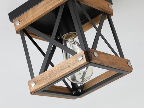 Miniatura 5 de Lámpara de techo rústica de madera de granja, jaula cuadrada de madera de roble y metal, pequeña lámpara de techo semiempotrada para cocina