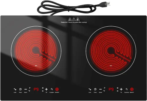 Estufa eléctrica de 3000 W, estufa eléctrica de 24 pulgadas, placa caliente de 2 quemadores, doble quemador integrado con pantalla táctil LED, 9