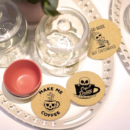 Miniatura 4 de Juego de 6 posavasos de café para bebidas con soporte, posavasos de madera de corcho absorbente para escritorio, mesa de oficina, decoración