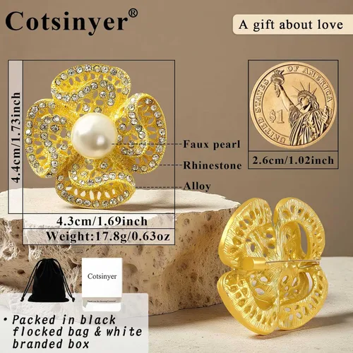 Miniatura 4 de Gold-Tone Flower brooch pins for women - Zinc Alloy with Rhinestones & Imitation Pearls, Ideal for Shawls, Sweaters, Crafts