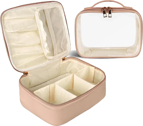 Miniatura 8 de Bolsa de maquillaje, 2 bolsas de cosméticos de piel sintética, estuche de maquillaje portátil de viaje, organizador de maquillaje grande con bolsa