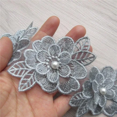 Miniatura 8 de 2 yardas de encaje de flores 3D con perlas bordadas, de poliéster, cinta de encaje con aplicación de patchwork para vestido de novia, manualidades