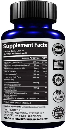 Miniatura 2 de Suplemento de refuerzo de apoyo inmunológico con saúco, vitamina C, equinácea, curcuminoides de cúrcuma, vitamina E, vitamina B6, zinc, L-glutamina