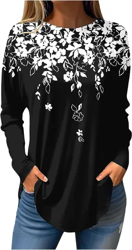 WomensFallFashion2023 Dressy Casual Long Sleeve Shirts Loose Crew Neck Floral Print Tunic Tops to wear with Leggings 6