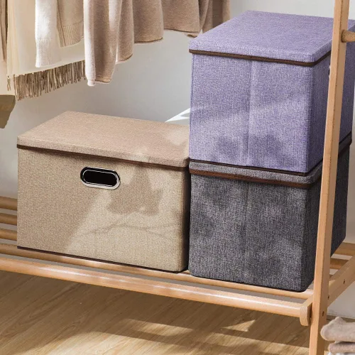 Miniatura 7 de UUJOLY Contenedores de almacenamiento grandes de tela de lino, canastas plegables de tela de lino, caja de almacenamiento con tapa y asas