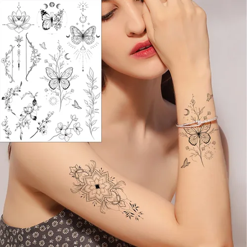 Miniatura 4 de glaryyears Más de 100 tatuajes falsos temporales negros para mujeres, hombres y adultos, diseño de serpiente mariposa, sol, luna, planetas