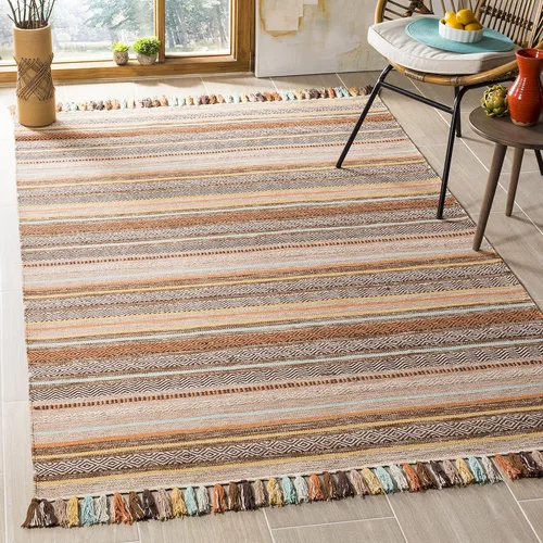 Miniatura 5 de SAFAVIEH Montauk Collection - Alfombra decorativa de 3 pies x 5 pies, color beige y multi, hecha a mano, estilo boho con rayas y flecos, de algodón