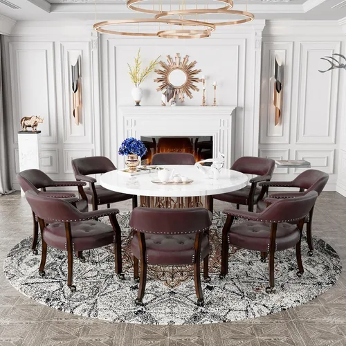Miniatura 37 de Juego de 8 sillas de cuero de comedor con ruedas y brazos, silla de capitán Accent con ruedas, sillas de madera con ruedas enrollables para cocina