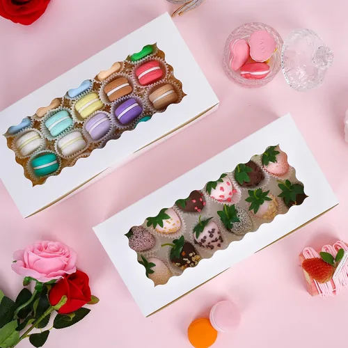 Miniatura 3 de Moretoes 30 cajas de galletas, 12 x 5.5 x 2.5 pulgadas, caja de panadería blanca con ventana para golosinas, fresa cubierta de chocolate, donas