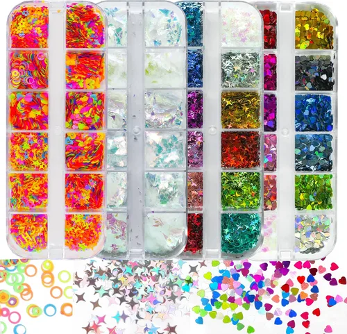 Miniatura 11 de AddFavor Kit de 4 cajas de lentejuelas con purpurina para uñas, formas mixtas, mariposa holográfica, flor, corazón redondo, copos de arte de uñas