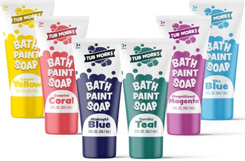 Tub Works® Jabón de Pintura de Bañera Juguetes de Baño, Colores Divertidos Paquete de 6 | No Tóxico | Pintura de Bañera Lavable para Pintar con los