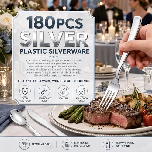 Miniatura 4 de WDF 180 cubiertos de plástico plateado – cubiertos de plástico plateado – cubiertos de plástico elegante resistente – 60 tenedores, 60 cuchillos, 60
