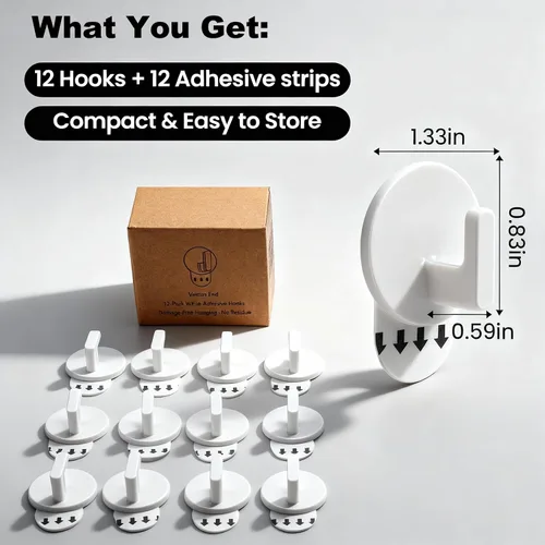 Miniatura 7 de Ganchos de pared adhesivos extraíbles, resistentes y sin daños, soporta hasta 2.2 libras, paquete de 12 con tiras, ganchos sin taladrar para fotos