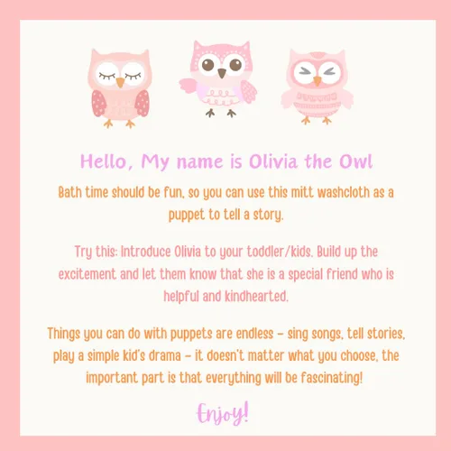Miniatura 3 de Toalla de baño Olivia The Owl - Manopla de algodón con forma de animal - Guante de baño para niños - Guantes de toalla de baño - Lindo guante