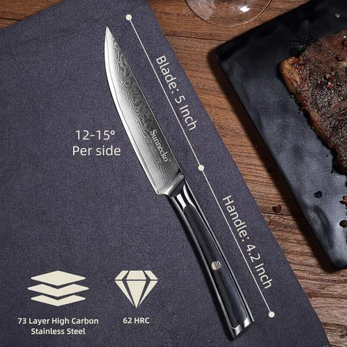Miniatura 4 de Sunnecko Cuchillo para Carne de Cocina de 5 Pulgadas, Cuchillo para Carne de Damasco VG-10, Acero Japonés, Cuchillos de Carne No Dentados de Espiga