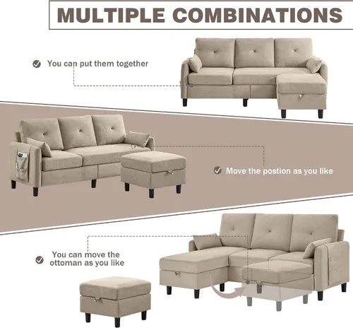 Miniatura 5 de Sofás Seccionales Convertibles de 77", Sofá en Forma de L de 3 Asientos con Chaise de Almacenamiento y Almohadas Removibles, Sofá Pequeño de Tela
