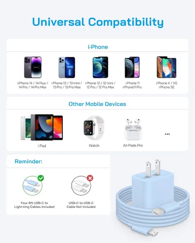Miniatura 7 de AISNI Cargador para iPhone de carga rápida, paquete de 4 unidades de 20 W PD USB C con cable de carga rápida de 6 pies certificado MFi para iPhone