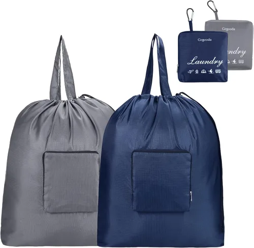 GOGOODA Bolsas de lavandería de viaje con cierre de cordón XL grandes plegables con asa resistentes y lavables para dormitorio universitario, Azul