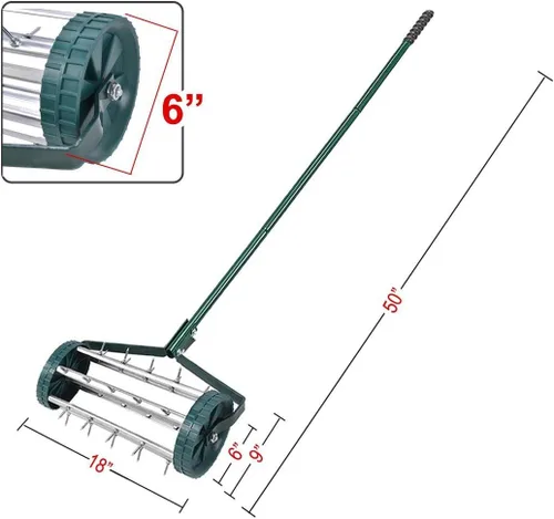 Miniatura 8 de Goplus Aireador de césped rodante de 18 pulgadas, aireador de suelo giratorio para patio de jardín, herramienta de aireación de césped resistente