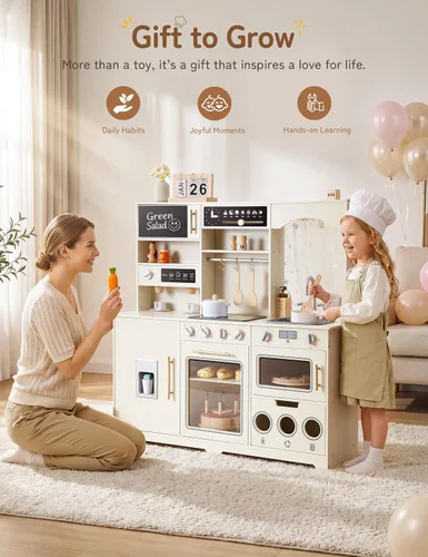 Miniatura 8 de besrey Juego de cocina para niños, juego de cocina de madera para niños con luces y sonidos reales, cocina de juguete para niños pequeños