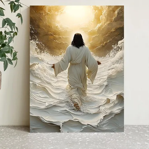 Miniatura 2 de Lienzo enmarcado dorado y blanco de Jesús caminando sobre el agua, arte de pared, póster religioso cristiano, cuadro de pintura de Cristo