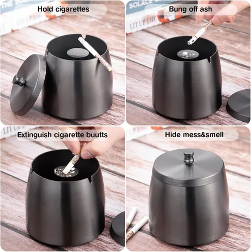 Miniatura 3 de Yangbaga XL cenicero al aire libre con tapa para cigarrillos, ceniceros de acero inoxidable irrompible sin humo, ceniceros a prueba de viento