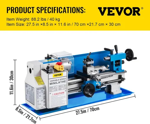 Miniatura 7 de VEVOR Torno de metal 7"x12", mini torno de mesa de precisión, 550W, velocidad variable de 50 a 2500 RPM, engranaje de nylon, lámpara móvil