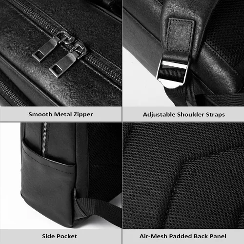 Miniatura 5 de Mochila para portátil de cuero genuino de 15.6 pulgadas para hombres y mujeres, mochila de viaje de negocios, mochila de senderismo (1#negro)