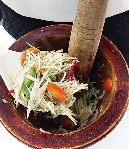 Miniatura 6 de Mortero de madera de Tailandia con molienda de mortero, Krok de madera para ensalada de papaya, mezclador Somtum, utensilios de cocina, alimentos