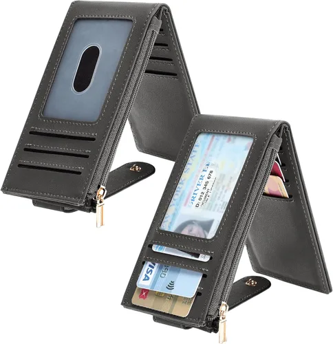 Miniatura 2 de Chelmon Billetera delgada para mujer, con bloqueo RFID, plegable, con bolsillo con cremallera, Gris oscuro con llavero, Minimalista
