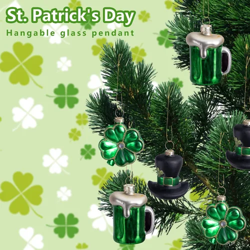 Miniatura 5 de 9 adornos de cristal para el día de San Patricio, Irlanda verde con sombrero de trébol de San Patricio, adornos colgantes de cerveza, adornos