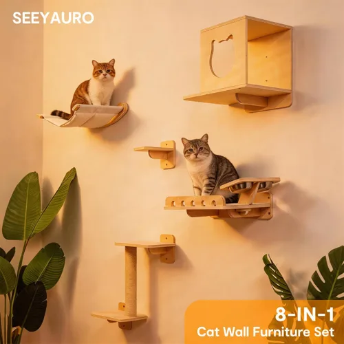 Miniatura 2 de Estantes de pared 5 en 1 para gatos de interior, muebles de gato montados en la pared con estación de alimentación y hamaca extra ancha, escalador