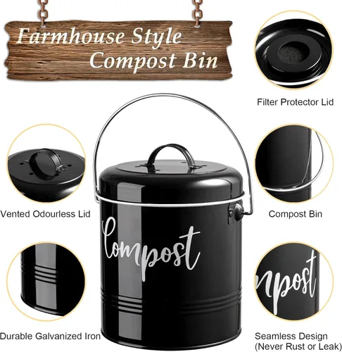Miniatura 2 de DAYYET Contenedor de compost, 1.3 galones de cocina de granja para encimera de compost, cubo de abono para encimera interior con tapa y filtros