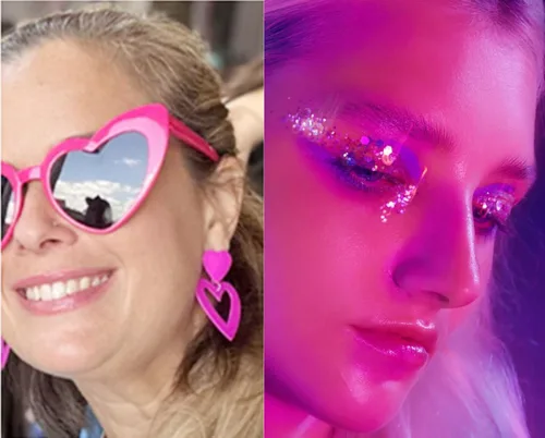 Miniatura 3 de Go Ho Gel de purpurina corporal rosa y 2 aretes de corazón para mujer, brillantes holográficos y lentejuelas gruesas con purpurina y aretes