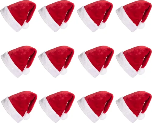 JOYIN 12 PCS Sombreros de Papá Noel, Sombreros de Navidad de Terciopelo Rojo Afelpado con Puños Blancos como Regalo para Adolescentes, Adultos y