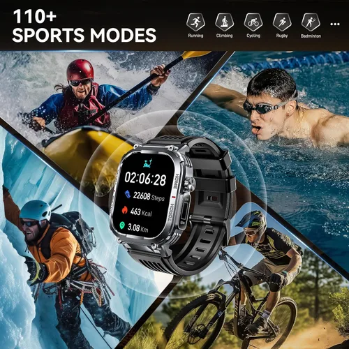 Miniatura 5 de Reloj inteligente militar para hombre, resistente al agua, 3 ATM, con linterna de llamadas/LED, pantalla grande HD de 2.02 pulgadas, reloj