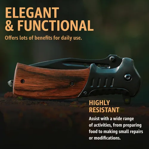 Miniatura 8 de Cuchillo de bolsillo para hombres con mango de madera, rompedor de vidrio y clip de bolsillo, hoja afilada de 3.66 pulgadas, cuchillos plegables 1.