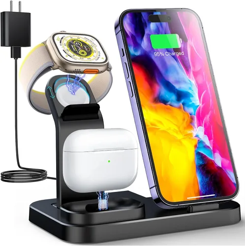 Estación de carga inalámbrica 3 en 1 RJR Compatible con dispositivos Apple, base de carga para iWatch, soporte de carga inalámbrica incorporado para