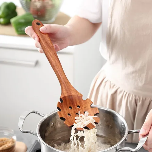 Miniatura 4 de Juego de 5 cucharas de madera para cocinar, espátulas de madera de teca, espátulas ranuradas para utensilios de cocina antiadherentes, cuchara