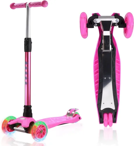 Patinete de 3 ruedas para niños de 6 a 12 años, patinete infantil con ruedas iluminadas, diseño de cubierta resistente y 4 alturas ajustables, Rosa