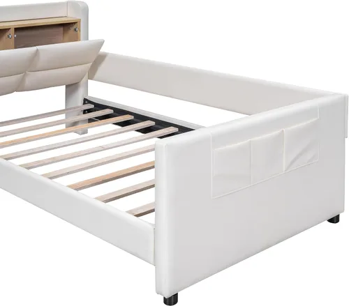 Miniatura 7 de Cama de plataforma tapizada de tamaño individual con barandilla, cabecera de almacenamiento y estribo, para niños, adolescentes y adultos, uso