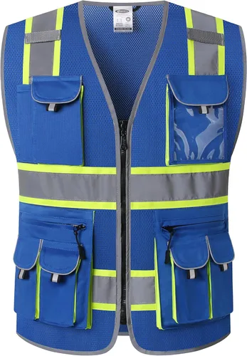 JKSafety - Chaleco de seguridad de alta visibilidad con 10 bolsillos, color neón, cremallera frontal, malla para hombres y mujeres, utilidad de