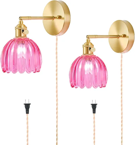 Miniatura 18 de Juego de 2 apliques de pared enchufables, apliques de pared vintage con pantalla de cristal transparente de tulipán, aplique de pared