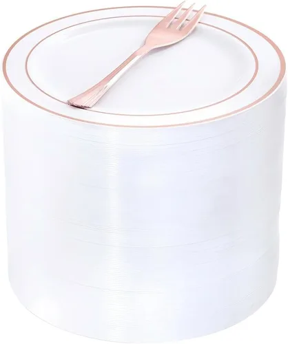 Miniatura 11 de WELLIFE 100 platos de postre de plástico blanco y 100 tenedores desechables dorados, plato duro de postre de alta calidad de 7.5 pulgadas, platos
