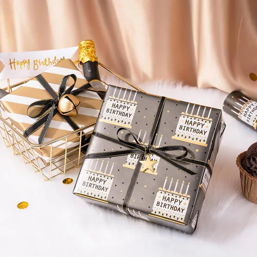 Miniatura 5 de LeZakaa Rollo de papel de regalo reversible de cumpleaños para niños y hombres, letras de feliz cumpleaños, pastel de cumpleaños con lámina metálica