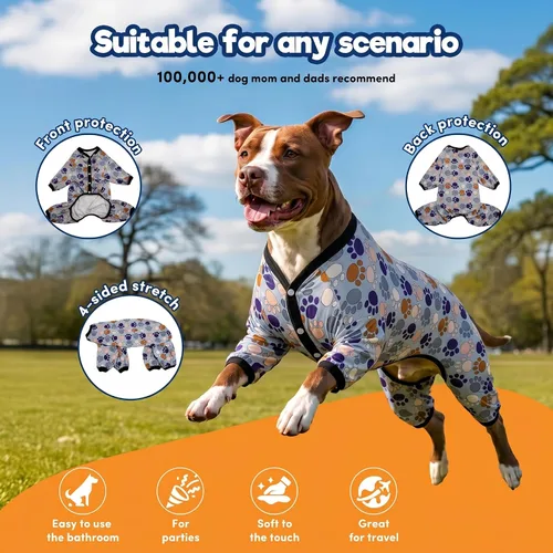 Miniatura 3 de LovinPet Mameluco para perros de razas grandes, pijama para perro, tela elástica ligera, camisa de manga larga para perro, estampado Paw-Some gris