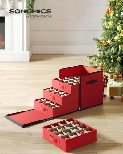Miniatura 2 de SONGMICS Caja de almacenamiento de adornos navideños, con lateral abierto, contenedor de almacenamiento de Navidad apilable con tapa, 4 bandejas