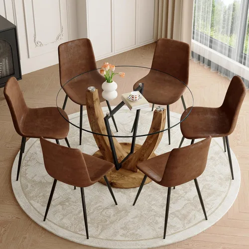 Miniatura 16 de 5-Piece Round Glass Dining Table Set for 4, 48” Modern Dining Room Table with Wood Grain Base, Brown Suede Upholstered Chairs with Black Metal Legs
