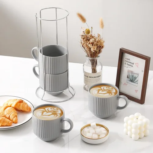 Miniatura 2 de Hasense Juego de tazas de café, juego de 4 tazas de té apilables con soporte - Juego de tazas grandes de cerámica acanaladas de 15 onzas para latte